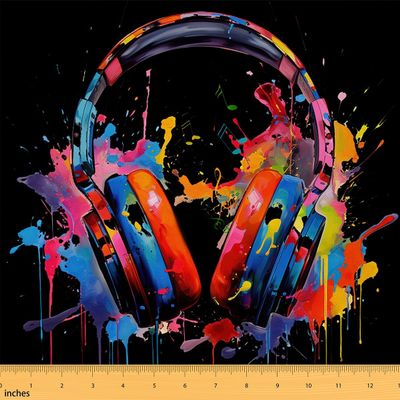 Rainbow Headphone Fabric By The Yard Watercolor Headset Upholstery Fabric Hippie Hip Hop Music Tie Dye Decorative Fabric Musical Notes Indoor Outdoor Fabric for Kids Boys Girls Teens,Black 5 Yards