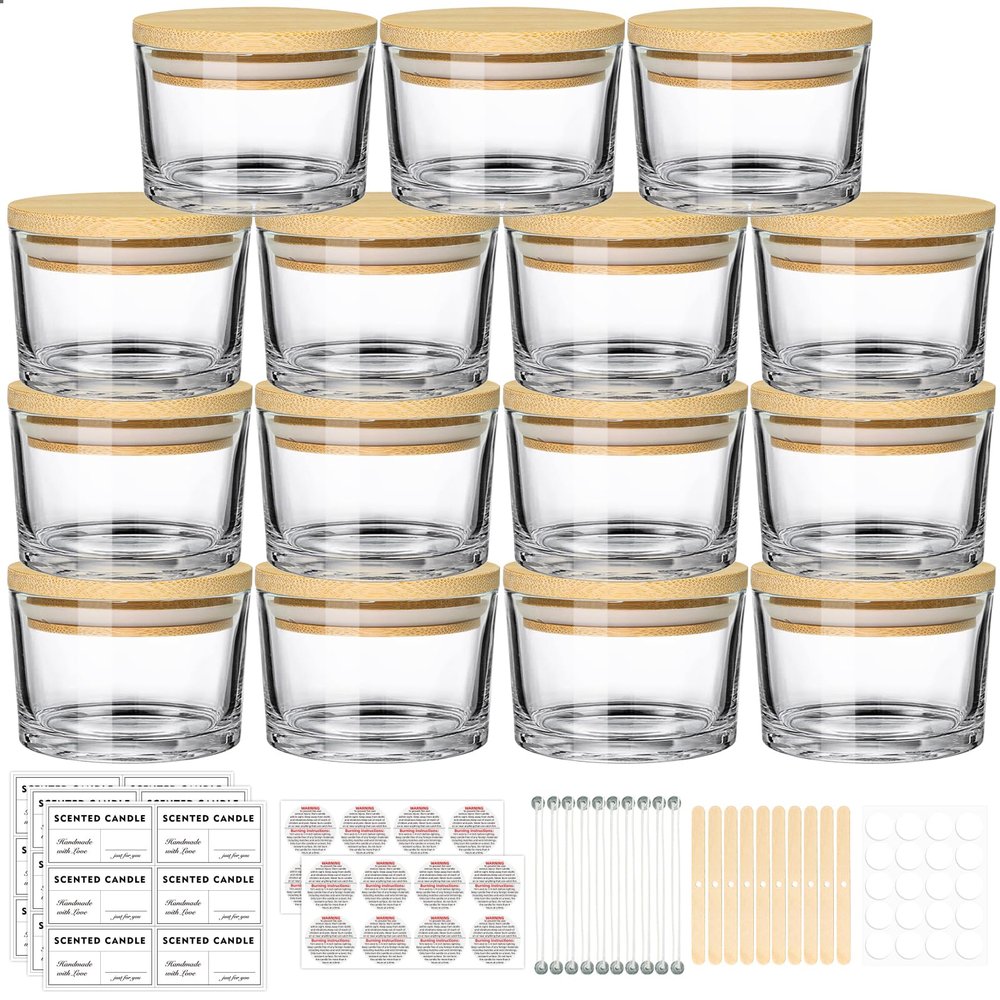 SUPMIND 4oz Clear Candle Jars (15 Pack) - Small Wide Mouth Glass Jars with Bamboo Lids, Ideal for Candle Making Business