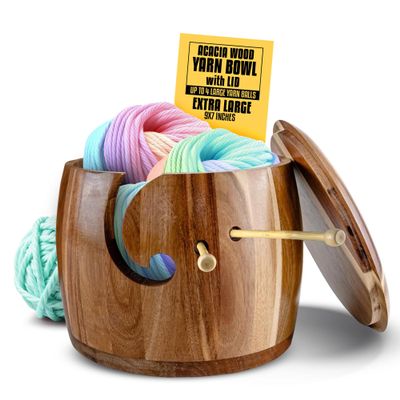 Tyck Design's Large Wooden Yarn Bowl with Lid - 9x7 Inch XL Acacia Wood Holder for Knitting, Crocheting & Macrame - Extra Big & Strong Yarn Storage