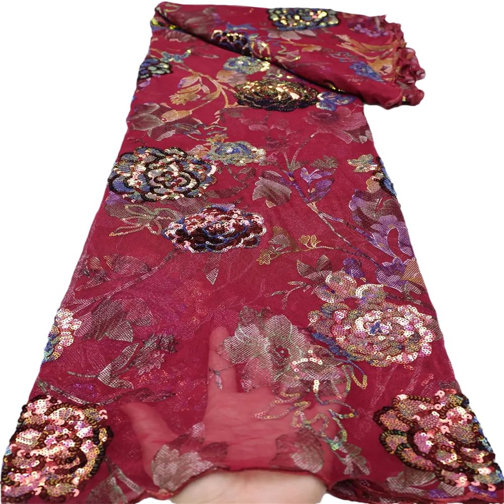 5Yards African Sequined Lace Fabric Nigerian French Printing Mesh Fabrics for Bride Dress Sewing