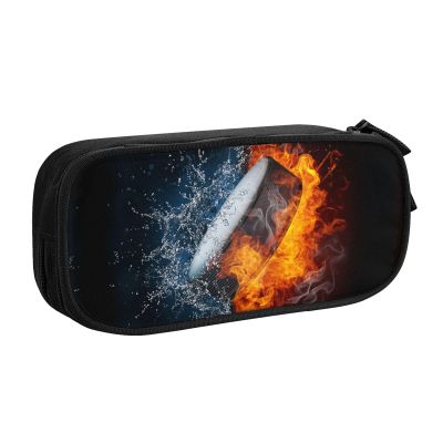 YIJIUWKIS Hockey Pencil Case Sports Pencil Box for Kids Boys, Large Capacity Storage Pen Bag with Zippers, Black Pencil Pouch Stationery Case Print Fire and Water