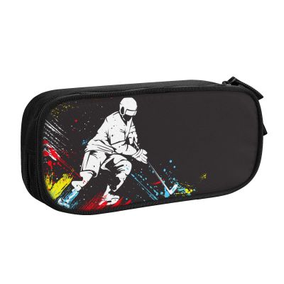 YIJIUWKIS Hockey Pencil Box Black Cool Pencil Case for Kids Boys Men, Big Capacity Canvas Storage Pouch Marker Pen Bag, Portable Travel Storage Box Desk Office Organizer, Stationery Organization Bag