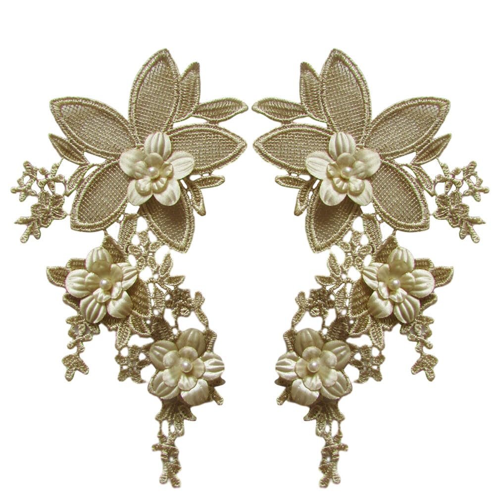 1 Pair Flower Appliques Lace Fabric Patches Embroidery Applique Imitation Pearls Floral Embroidered Sew on Patches Lace Applique Wedding Dress Formal Party Performance Clothes DIY Sewing Decorations