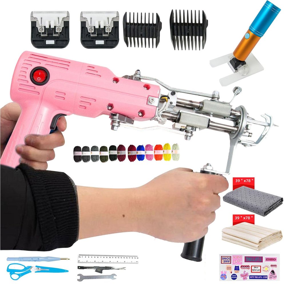 flatpincololee 200W Tufting Gun Kit - 2 in 1 Cut Pile & Loop Pile Tufting Gun Starter Kit and Cordless Carpet Trimmer, Rug Making Kit for Beginners,Pink
