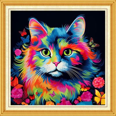 DMCVIVR Stamped Cross Stitch Kits for Beginners Adults Needlepoint Kits for Beginners Embroidery Kits for Adults Crossstitch Kit for Beginners 11CT-Colorful Cat 18x18 inch, ArtKits09