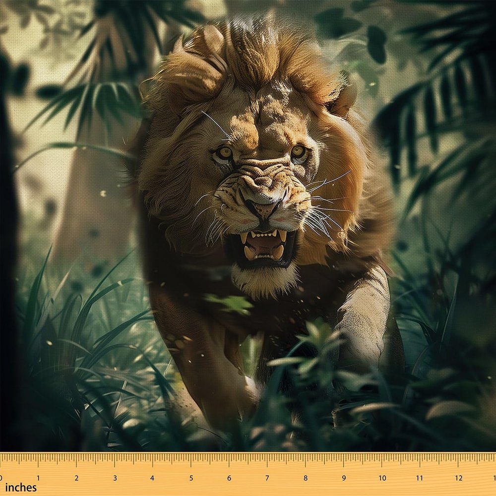 Erosebridal Safari Lion Fabric By The Yard,Tropical Woodland Upholstery Fabric,Hand Drawn Decorative Fabric,3D Animal Indoor Outdoor Fabric for Waterproof,Green Brown,5 Yards