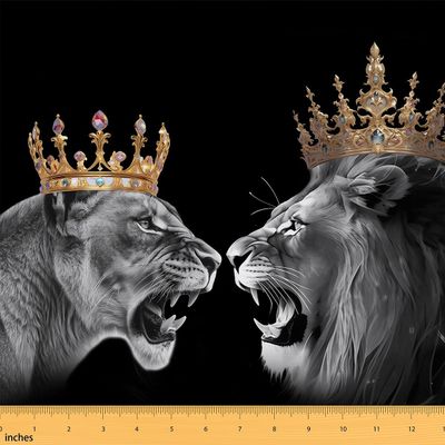 Erosebridal Lion Couples Fabric by The Yard for Man Woman,Crown Upholstery Fabric for Valentine Day,Safari Animal Decorative Fabric,Mr Mrs Indoor Outdoor Fabric,Grey Golden,5 Yards