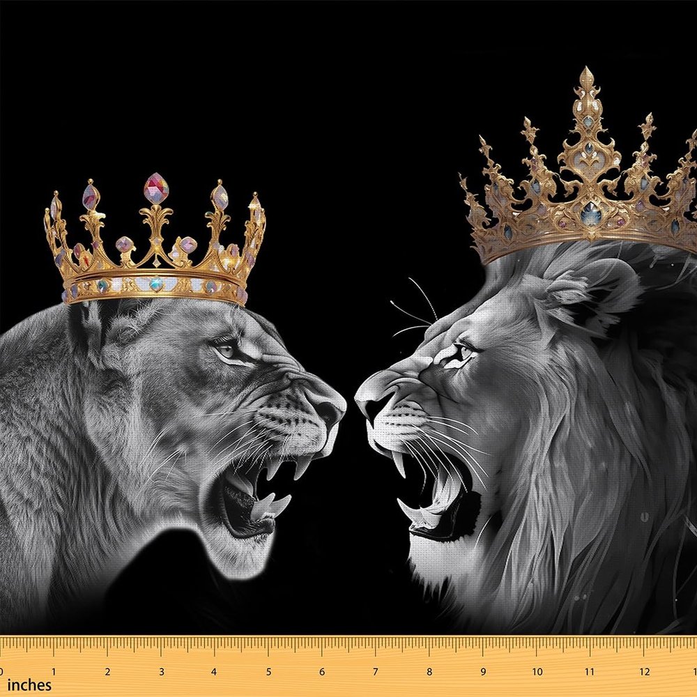 Erosebridal Lion Couples Fabric by The Yard for Man Woman,Crown Upholstery Fabric for Valentine Day,Safari Animal Decorative Fabric,Mr Mrs Indoor Outdoor Fabric,Grey Golden,5 Yards