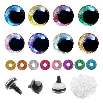 TOAOB 32 Set Glitter Safety Eyes for Amigurumis 25mm Round 8 Colors Crochet Doll Eyes with Washers for DIY Puppet Stuffed Animals Making
