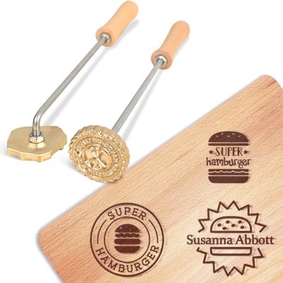 KAINSY Branding Iron for Burger, Durable Custom Logo Metal Branding Iron for Food Hamburger Burning Stamp with Wood Handle, Personalized Chefs Cooking Lover Gifts, Flame Heated(3Inches)