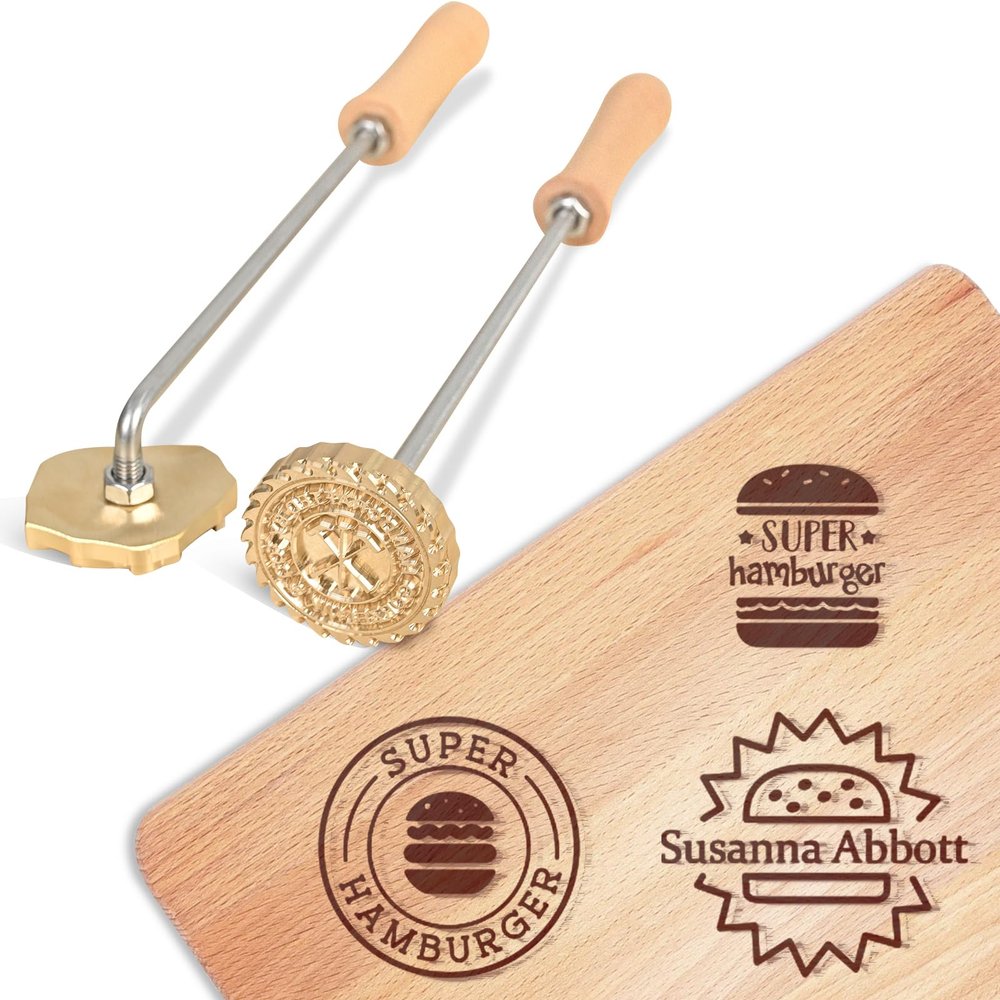 KAINSY Branding Iron for Burger, Durable Custom Logo Metal Branding Iron for Food Hamburger Burning Stamp with Wood Handle, Personalized Chefs Cooking Lover Gifts, Flame Heated(3Inches)