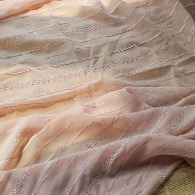 OqcEha Chiffon Fabric,Sheer Fabric, 135cm Wide 100CM Long Stripe Embroidered Embroidered Semi Sheer by The Metre for Dress Making Scarf Craft (Color : Pink, Size : 150 * 100cm)