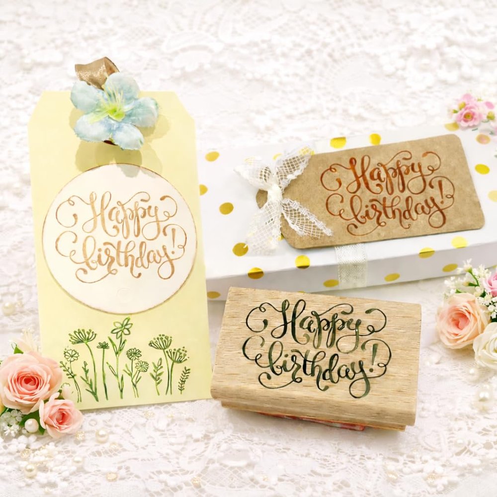 CHYHMYT Wood Block Stamp, Cursive Happy Birthday Rubber Stamp
