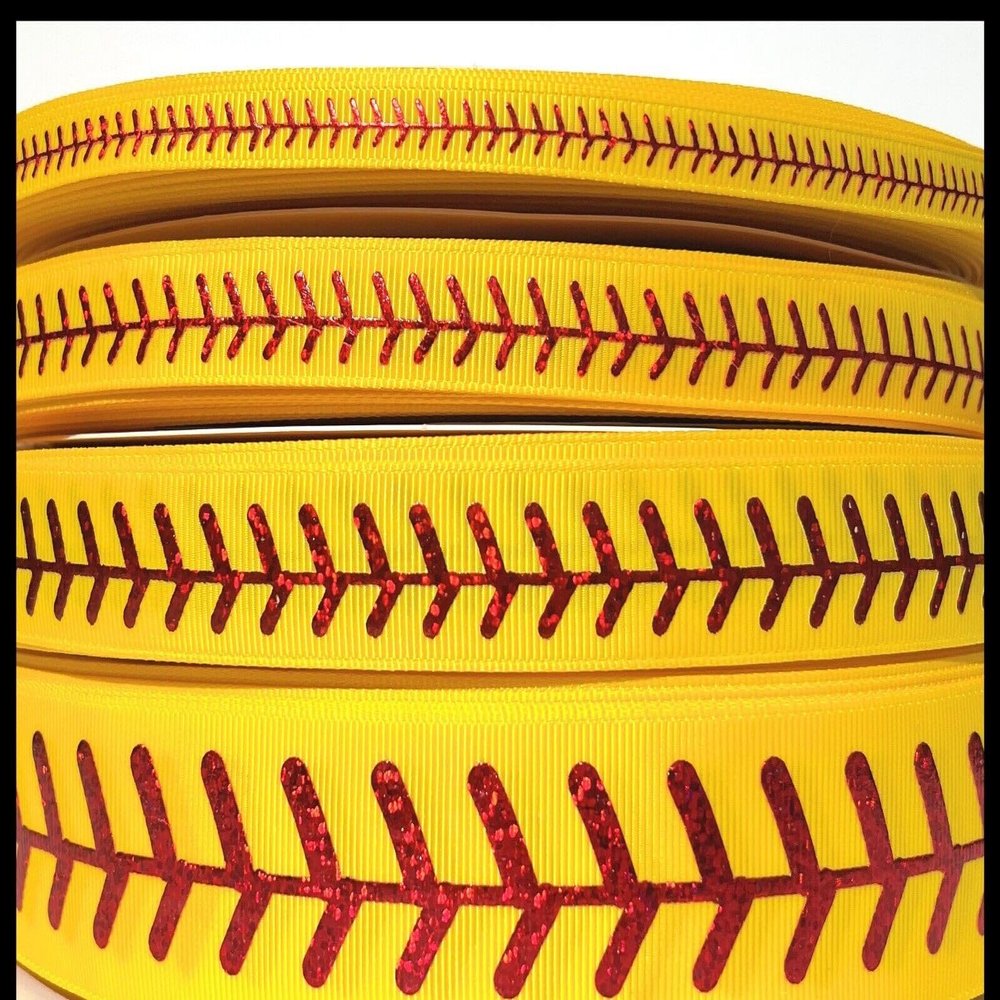 3yds Yellow Red Foil Softball Stitch 1.5" Grosgrain Ribbon