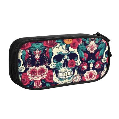 Flowers Skull Ornamental Print Large Pencil Case Pouch With Zipper,Adults Office Travel Stationery Makeup Bag