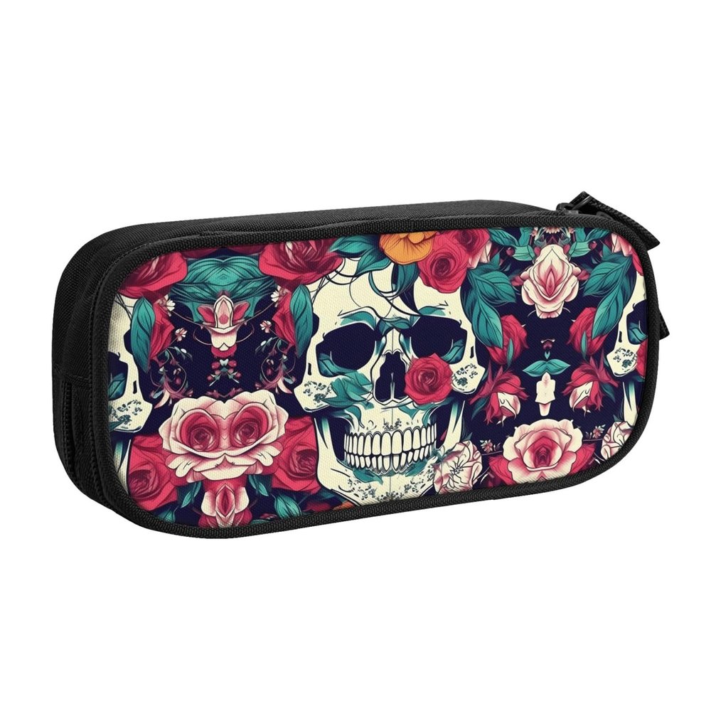 Flowers Skull Ornamental Print Large Pencil Case Pouch With Zipper,Adults Office Travel Stationery Makeup Bag