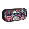 Flowers Skull Ornamental Print Large Pencil Case Pouch With Zipper,Adults Office Travel Stationery Makeup Bag view 1