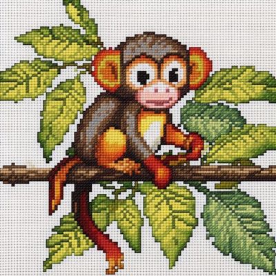 NineTribe Basics Monkey on Tree Cross Stitch Kits for Beginners Stamped Cross-Stitch Supplies Needlework DIY 11CT 3 Strands Cotton Thread Printed DIY Needlepoint Kits DMC Craft Needlework Set 5050cm (CB112)