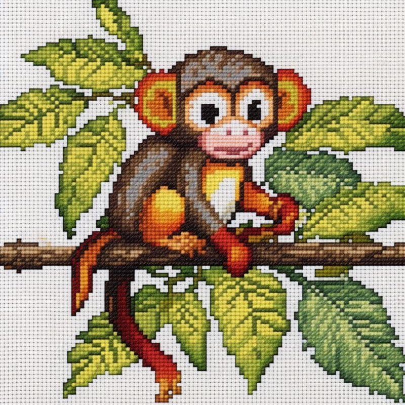NineTribe Basics Monkey on Tree Cross Stitch Kits for Beginners Stamped Cross-Stitch Supplies Needlework DIY 11CT 3 Strands Cotton Thread Printed DIY Needlepoint Kits DMC Craft Needlework Set 5050cm (CB112)