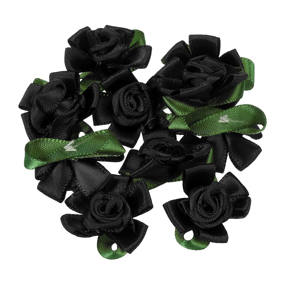 PATIKIL Mini Satin Ribbon Roses, 10 Pcs Small Rosettes Fabric Flowers with Green Leaves for Craft Projects Embellishments Applique, Black