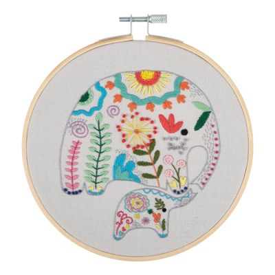 Trimits Embroidery Hoop Kits - 15cm 6 Beginner Starter Set, Includes Bamboo Hoop Threads Cloth Needle Backing & Instructions, Elephants