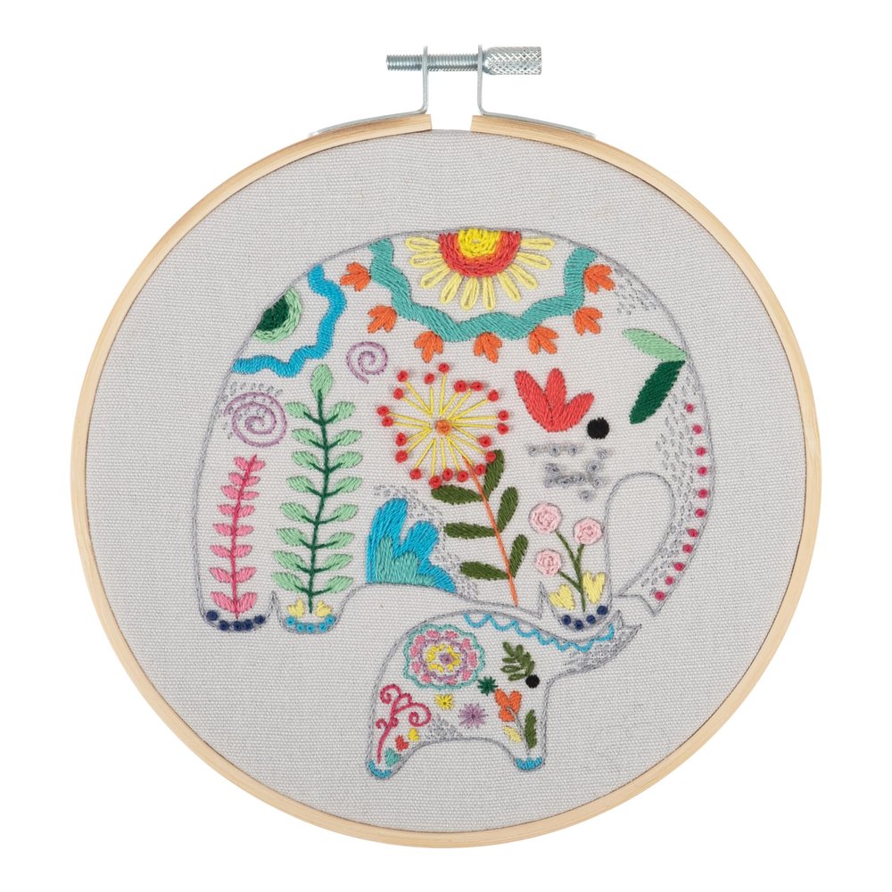 Trimits Embroidery Hoop Kits - 15cm 6 Beginner Starter Set, Includes Bamboo Hoop Threads Cloth Needle Backing & Instructions, Elephants