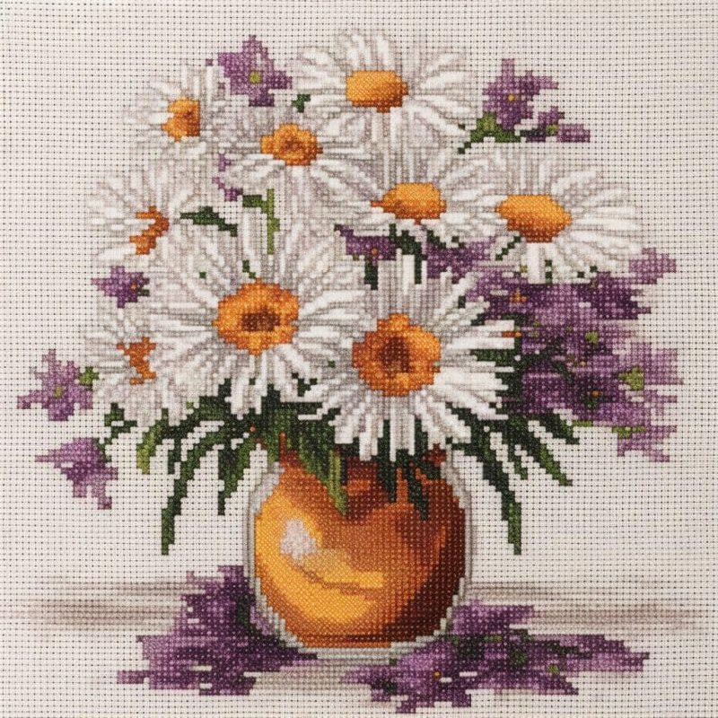 NineTribe Basics Daisy Flowers Cross Stitch Kits with Hoop for Beginners Stamped Cross-Stitch Supplies Needlework DIY 11CT 3 Strands Cotton Thread Printed DIY Needlepoint Kits 5050cm (CB141)