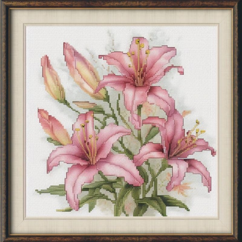 NineTribe Basics Lily Flowers Cross Stitch Kits with Hoop for Beginners Stamped Cross-Stitch Supplies Needlework DIY 11CT 3 Strands Cotton Thread Printed DIY Needlepoint Kits 5050cm (CB165)