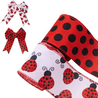 2 Rolls Ladybug Dot Wired Edge Ribbons, Ladybug Dot Red Wreath Ribbon Summer Teachers' Day Easter Sewing DIY Craft Bee Fabric Burlap Ribbon for Bows Wrapping Party Decorative (A)
