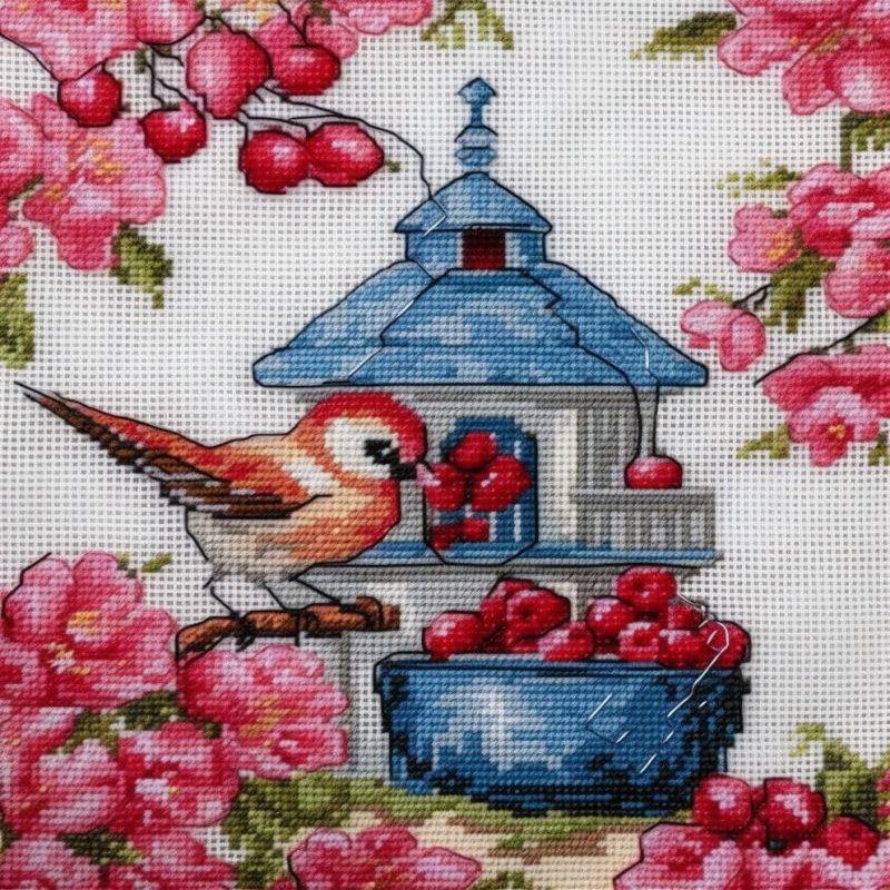 NineTribe Basics Bird House and Flowers Cross Stitch Kits with Hoop for Beginners Stamped Cross-Stitch Supplies Needlework DIY 11CT 3 Strands Cotton Thread Printed DIY Needlepoint Kits 4050cm (CB195)