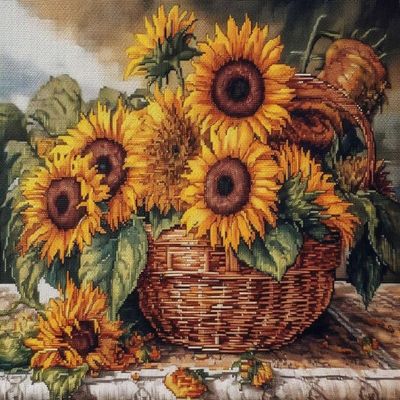 NineTribe Basics Basket of Sunflowers Cross Stitch Kits with Hoop for Beginners Stamped Cross-Stitch Supplies Needlework DIY 11CT 3 Strands Cotton Thread Printed DIY Needlepoint Kits 5040cm (CB238)