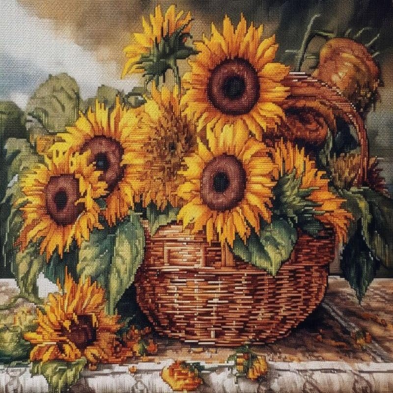 NineTribe Basics Basket of Sunflowers Cross Stitch Kits with Hoop for Beginners Stamped Cross-Stitch Supplies Needlework DIY 11CT 3 Strands Cotton Thread Printed DIY Needlepoint Kits 5040cm (CB238)