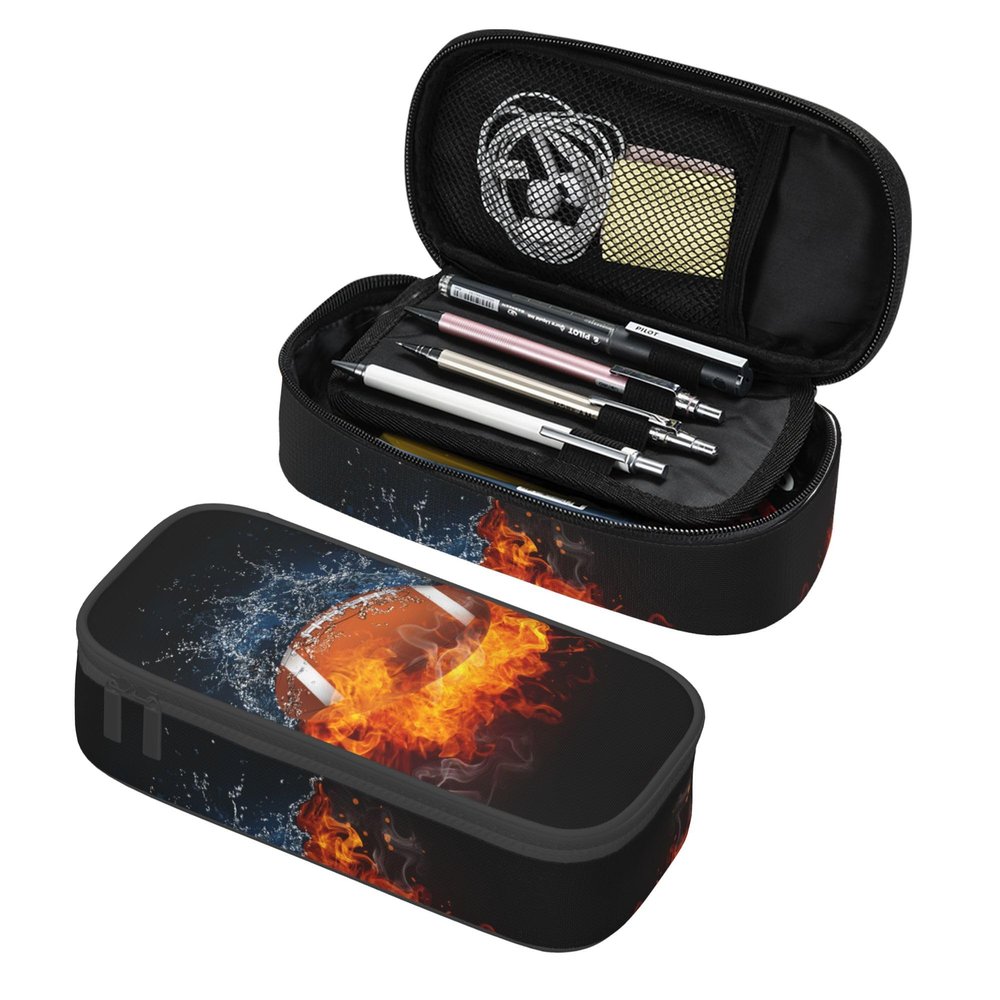 Kids Pencil Pouch for Boys, Football Pencil Case with Fire Water Pattern Print, Big Capacity Black Pencil Box Stationery Bag with Zipper Portable Travel Storage Box Desk Pen Bag for Teens Adults