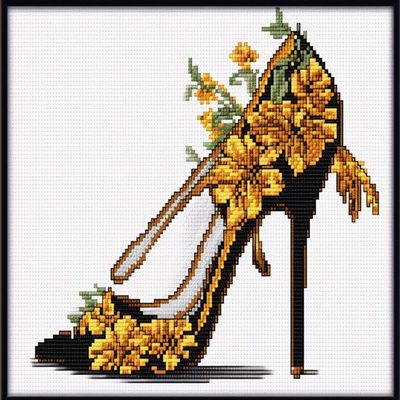 Flower Yellow High Heels Cross Stitch Kits for Beginners Pattern Stamped Cross-Stitch Supplies Needlework DIY 11CT 3 Strands Cotton Thread Printed DIY Needlepoint Kits 5040cm (CX159)