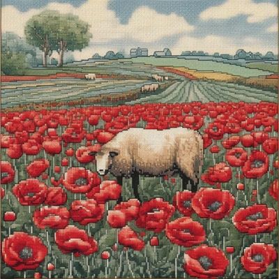 NineTribe Basics Poppy Field and Sheep Cross Stitch Kits for Beginners Pattern Stamped Cross-Stitch Supplies Needlework DIY 11CT 3 Strands Cotton Thread Printed DIY Needlepoint Kits 5050cm (CX67)
