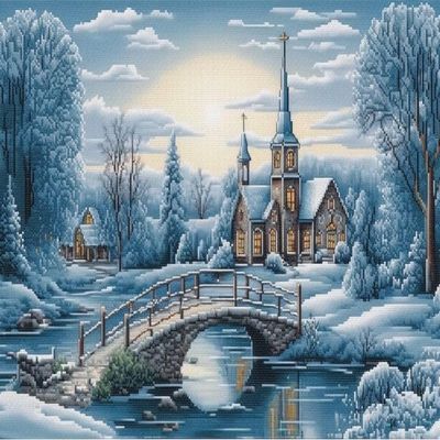 NineTribe Basics Snowy Church Cross Stitch Kits for Beginners Pattern Stamped Cross-Stitch Supplies Needlework DIY 11CT 3 Strands Cotton Thread Printed DIY Needlepoint Kits 5045cm (CX85)