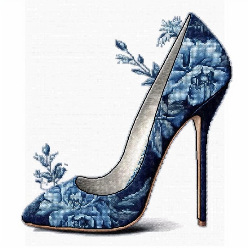 NineTribe Basics Floral High Heels Cross Stitch Kits for Beginners Pattern Stamped Cross-Stitch Supplies Needlework DIY 11CT 3 Strands Cotton Thread Printed DIY Needlepoint Kits 5050cm (CX32)