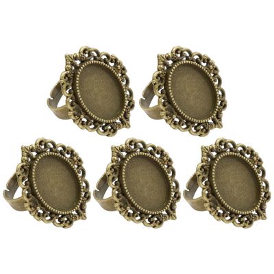 Queenbox 0.5x0.7in 5Pcs Adjustable Pattern Metal Ring Blank Base, Bezel Cabochon Frame Setting Tray for Jewelry Making, 01