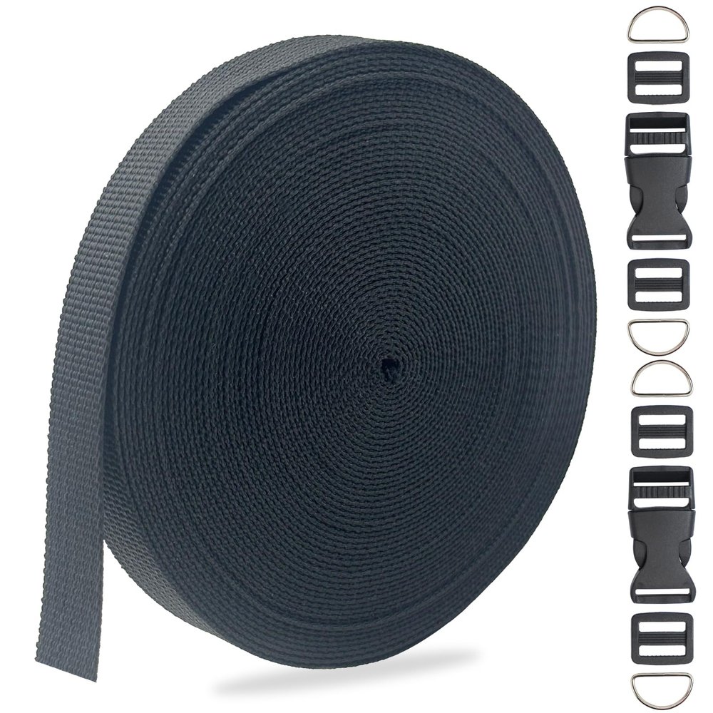 ZHFMILY 5/8 inch Black Nylon Webbing Strap with Buckles-10Yards 15mm-Flat Fabric Webbing Crochet Handle Canvas Straps for Bags-Hammock-Lawn Chair-Belting-Pet Collars, DIY Projects, Crafts, Sewing #266