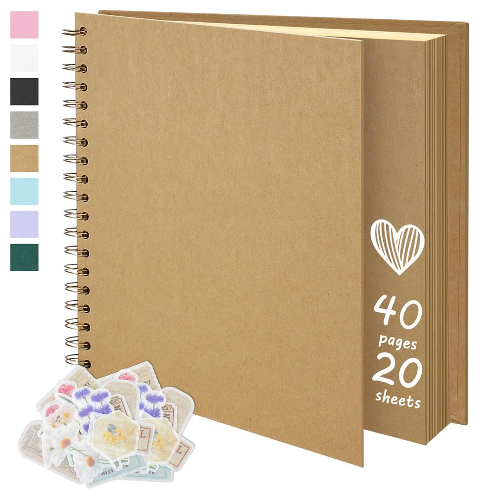 Remowith 7x7 Inch DIY Scrapbook Photo Album, Spiral Bound Kraft Paper Memory Book with Stickers, 40 Pages Personalized Scrap Book for Wedding Guest Book, Baby, Travel, Anniversary, Kraft