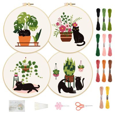 FREEBLOSS 4 Set 8'' Embroidery Kit for Beginners Cats&Plants Pattern Embroidery Kit with Instructions Full Kit of Embroidery Cloth 2 Embroidery Hoops 11 Colors Flosses
