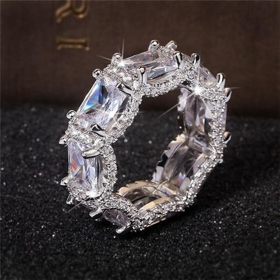 925 Sterling Silver Shiny Full Diamond Gemstone Ring Square Cubic Zirconia Promise Ring CZ 18K Gold Diamond Multi Row Cocktail Rings Eternity Engagement Wedding Party Ring for Women Z.142 (US Code 6)