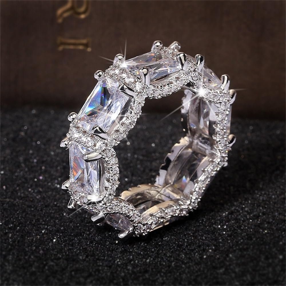 925 Sterling Silver Shiny Full Diamond Gemstone Ring Square Cubic Zirconia Promise Ring CZ 18K Gold Diamond Multi Row Cocktail Rings Eternity Engagement Wedding Party Ring for Women Z.142 (US Code 6)