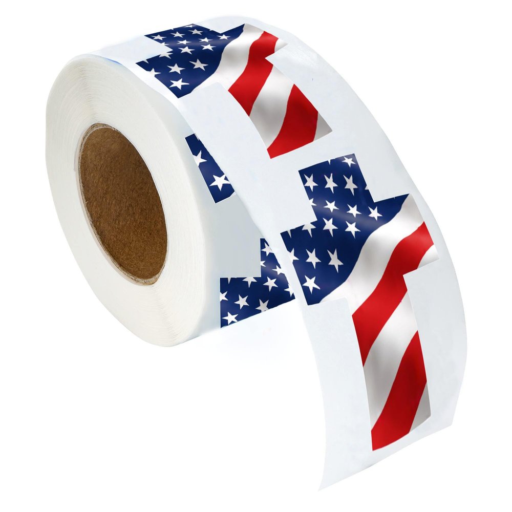 250 Large American Flag Cross Shaped Showcase Your Patriotism Everywhere USA Flag Premium Stickers for Laptops, Cellphone, Bottles and Crafts 1 Roll