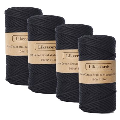 Likeecords Braided Macrame Cotton Cord - 4 Skeins of 3mm x 100m, Ideal for Crafts, Knitting, Bag, Wall Hanging, Plant Hangers (Black)