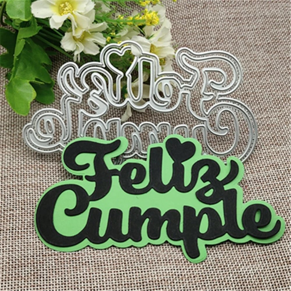 Card Making Supplies,13.0x7.2cm Spanish Happy Birthday Heart Metal Cutting Dies Stencils for Scrapbooking Decorative