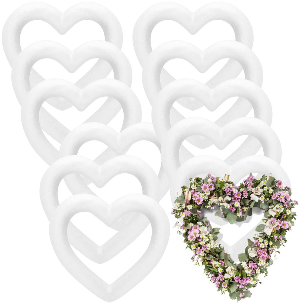 HEIHAK 14 PCS 6 Inch Foam Wreath Heart, White Styrofoam Heart Wreath, Heart Shaped Wreath Foam Ring for Crafts, DIY Projects, Wedding, Valentine's Day, Floral Arranging Decoration