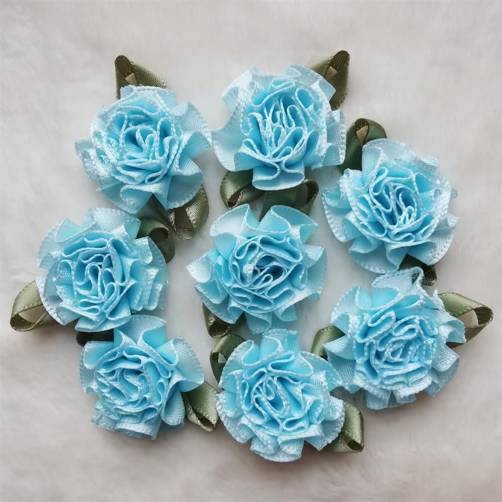 100pcs Satin Ribbon Flowers Bows Carnation Appliques Polyester 3cm Wide Artificial Flower Handmade DIY Sewing Craft Wedding Dress Gift Decoration (Blue)