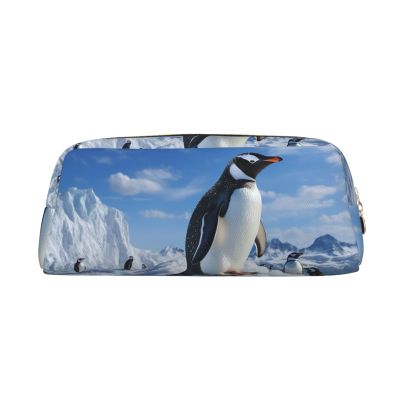 LZQPOEAS Snow mountain penguin Pencil Case Leather Pen Bag Travel Makeup Bag Zipper Organizer Bag for Women Men