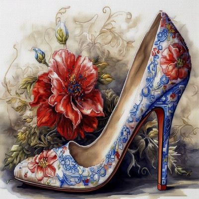 NineTribe Basics Flowers High Heel Shoes Cross Stitch Kits for Beginners Stamped Cross-Stitch Supplies Needlework DIY 11CT 3 Strands Cotton Thread Printed DIY Needlepoint Kits 5040cm (YP197)